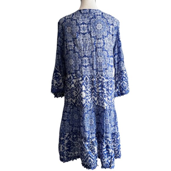 ORANGE FASHION VILLAGE, BEAUTIFUL BLUE/WHITE, BELL SLEEVE CROCHET TRIM DRESS - Picture 6 of 8